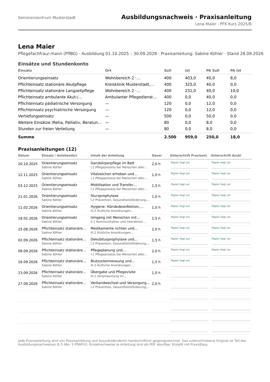 Ausbildungsnachweis Praxisanleitung als PDF-Ausdruck